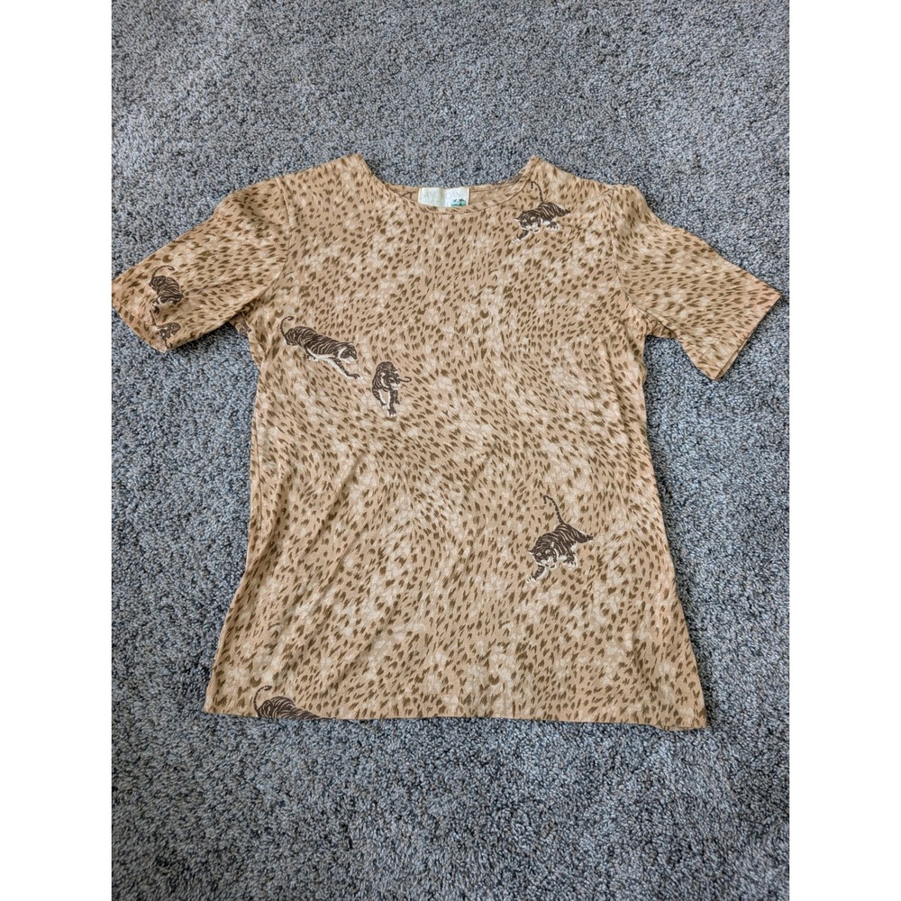 American Style Vintage Tiger Cheetah Print Short Sleeve Knit Top Tan Brown Small